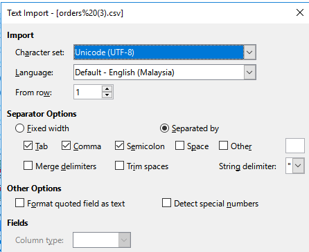LibreOffice import settings dialog with correct options selected