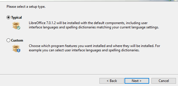 LibreOffice installer showing the Typical installation option