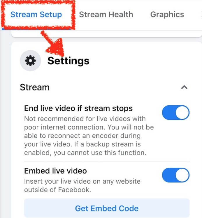 Stream Setup settings screen