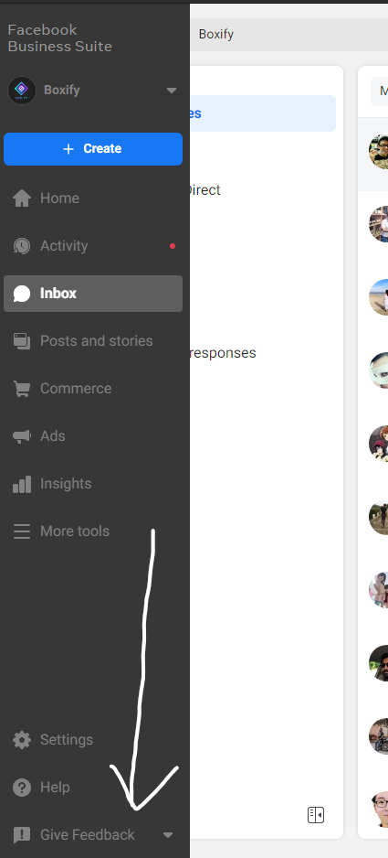 Business Suite left sidebar with Give Feedback option at the bottom