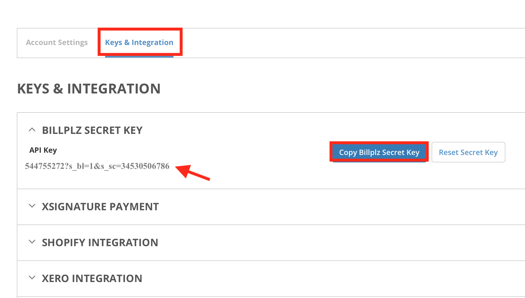 Billplz Secret Key location