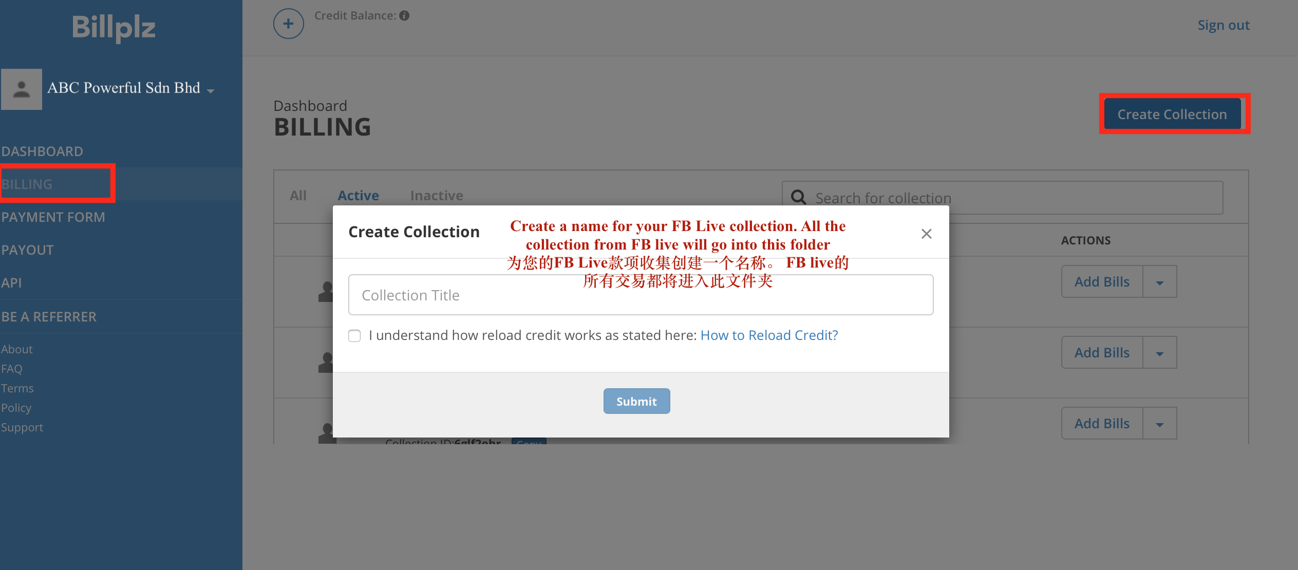 Billplz Create Collections screen
