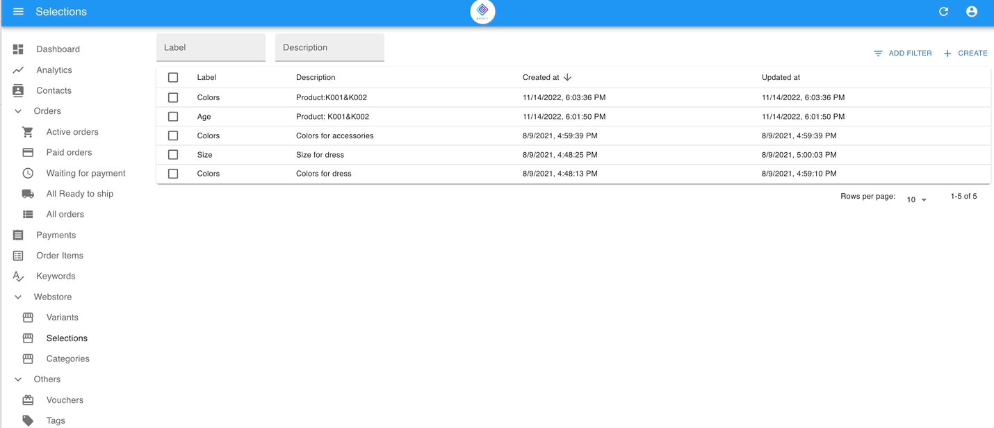 Configuring selections and categories