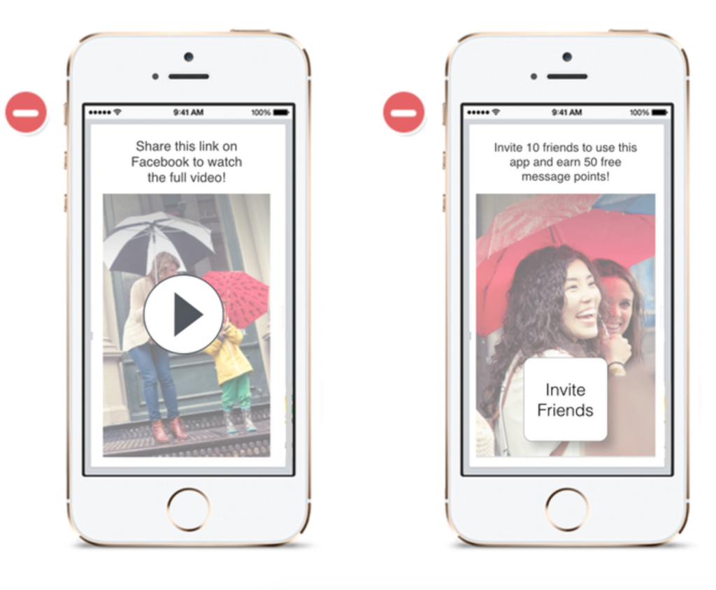 Example 4: App blocking video access unless users post on Facebook, and giving points for inviting friends — policy violations