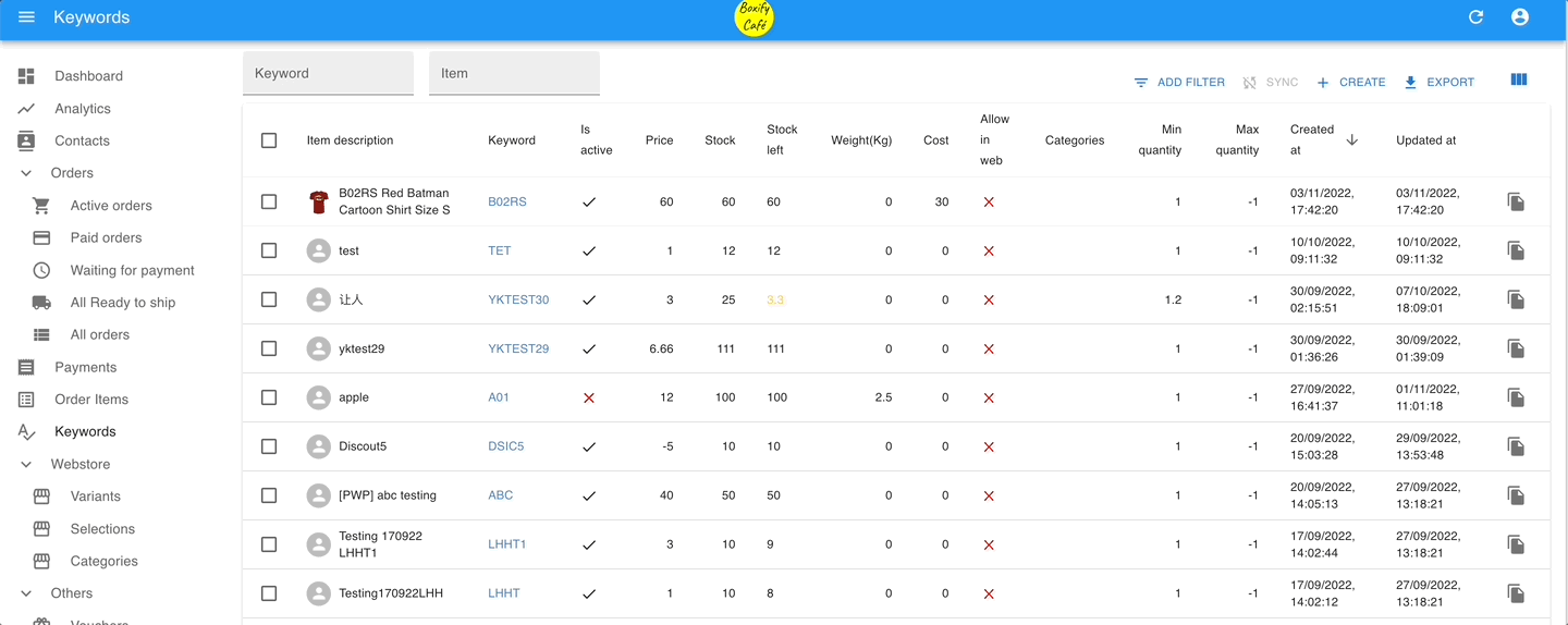 Screenshot showing the Edit stock left option in the Keywords list