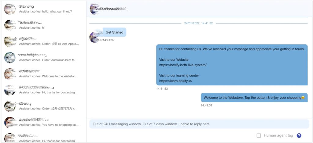 FB Conversation Manager interface showing customer messages