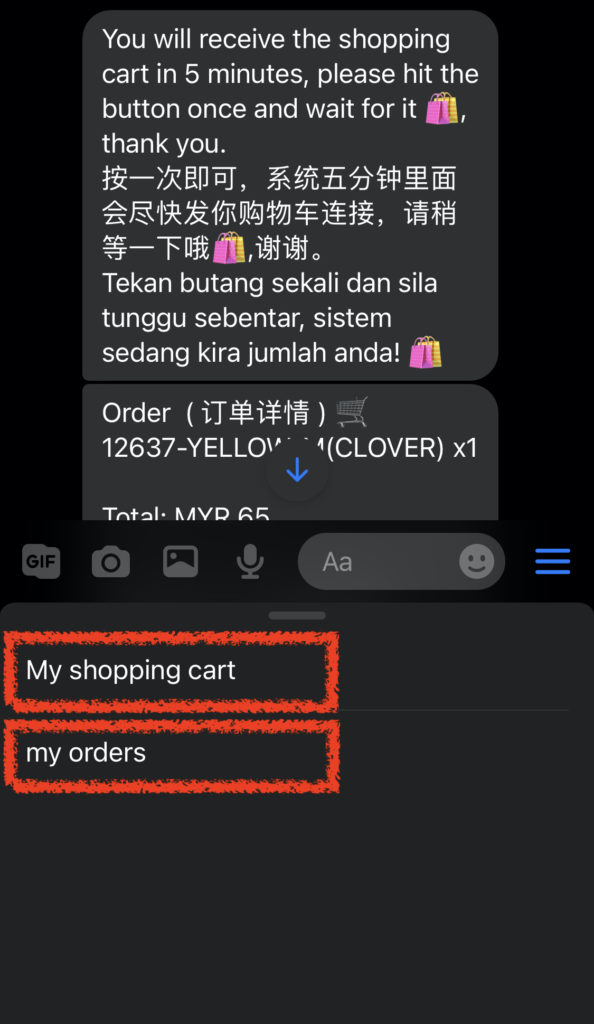 Order status shown through the persistent menu in Messenger