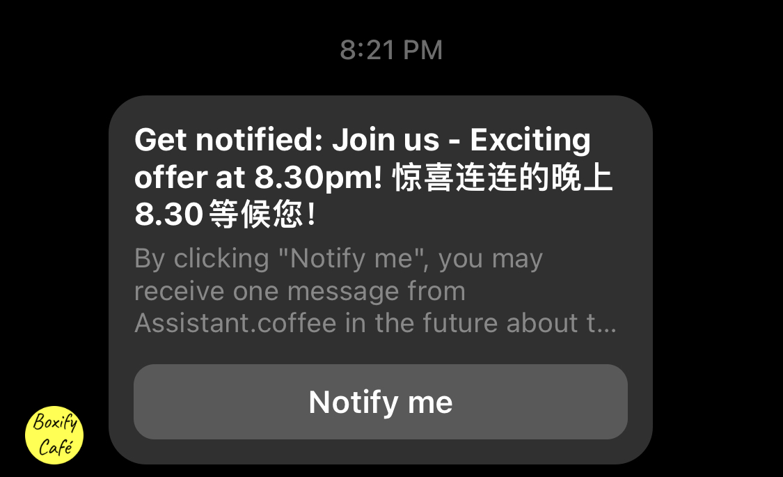 Customer tapping Notify me on the Messenger notification