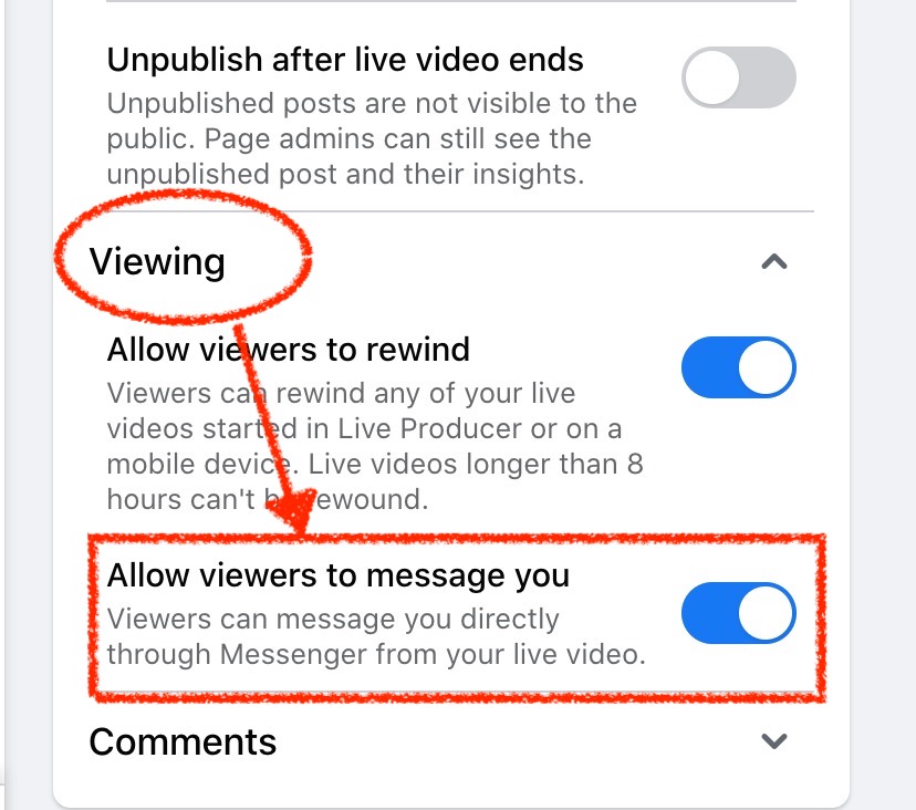 Viewing setting with Allow viewers to message you toggled on