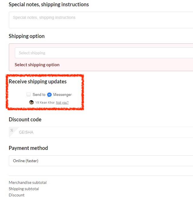 Shipping update consent checkbox in the shopping cart