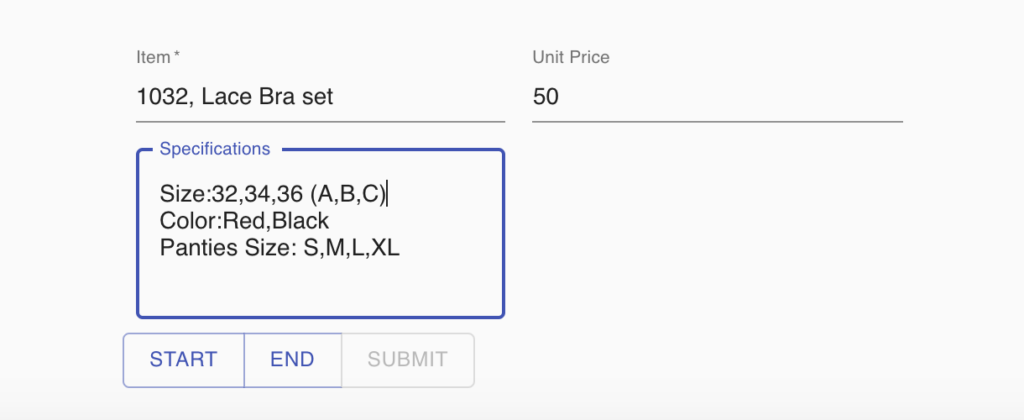 Product detail input screen