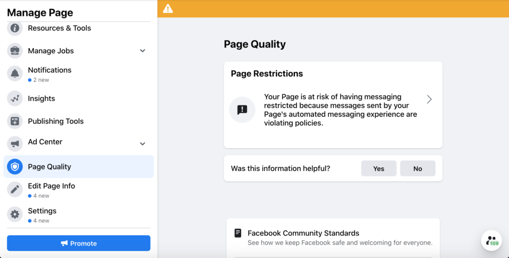 Facebook Page Quality screen showing content violations and page status bar