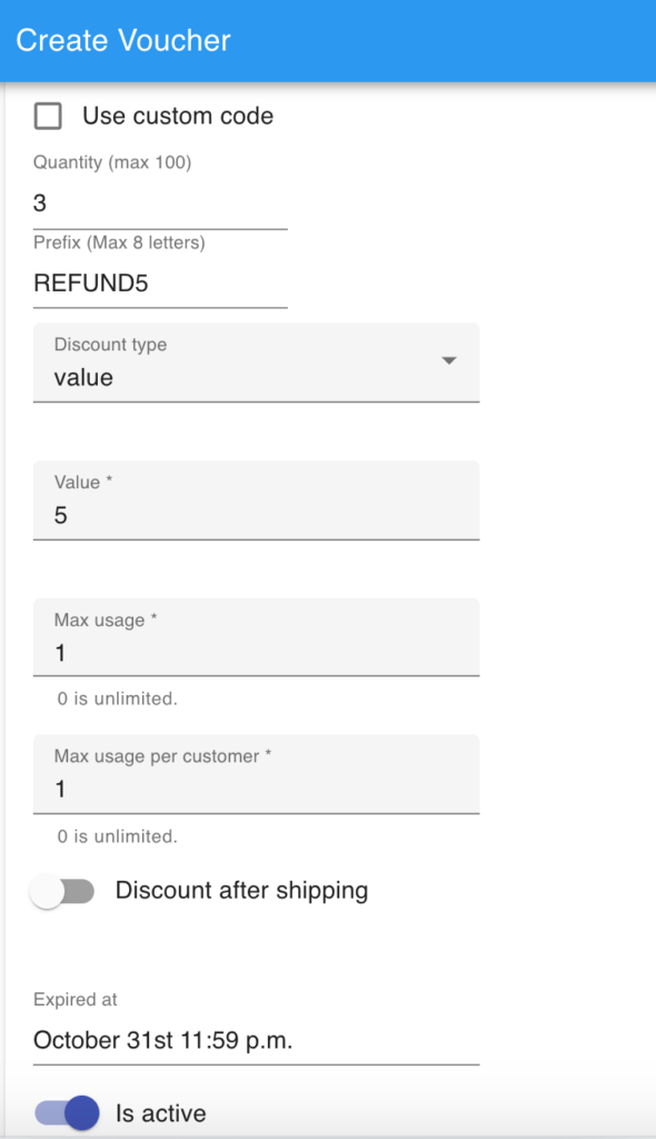 Bulk voucher generation form in Boxify