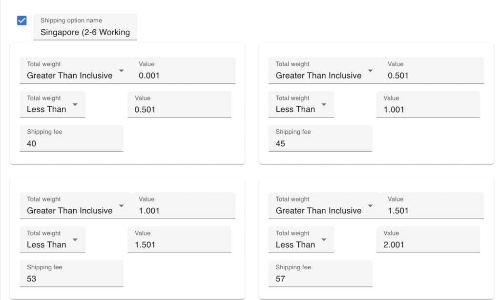 Weight-based shipping setup