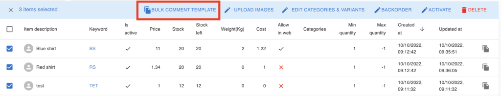 Selecting keywords and clicking Bulk Comment Template
