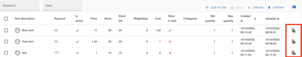 Keywords menu with copy icon
