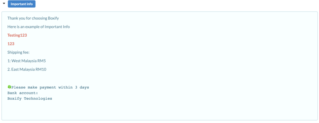 Customer shopping cart view showing the Important Information message