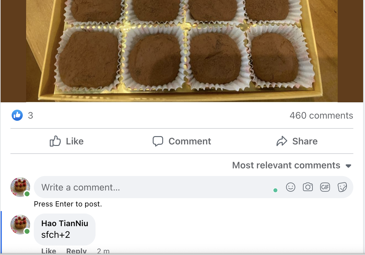 Facebook post with a comment showing the keyword SFCH+1