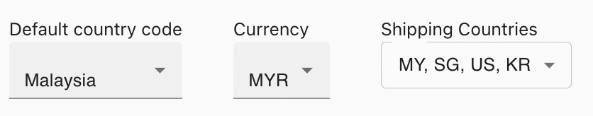 Currency and country code dropdown options