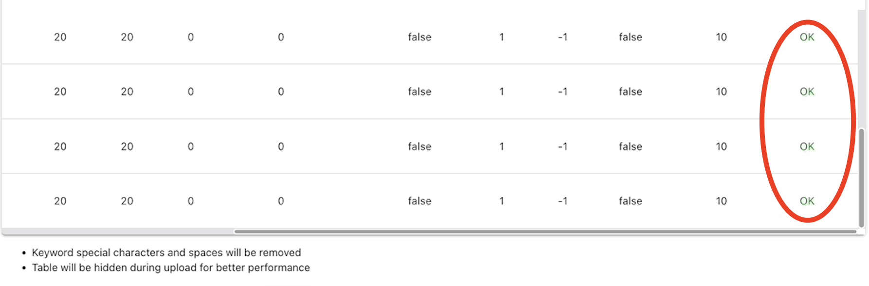 Screenshot showing OK status after upload