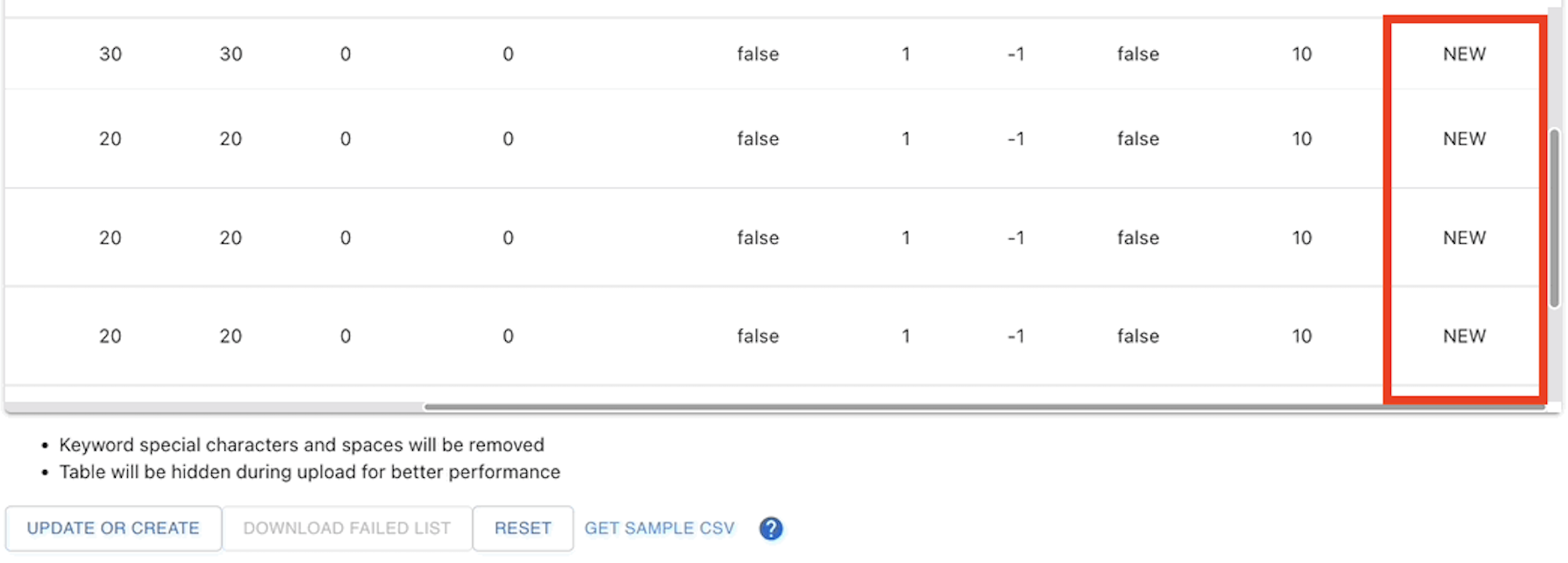 Screenshot showing NEW status after upload