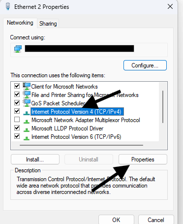 Networking tab with Internet Protocol Version 4 selected