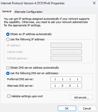 DNS server address fields filled with 1.1.1.1 and 1.0.0.1