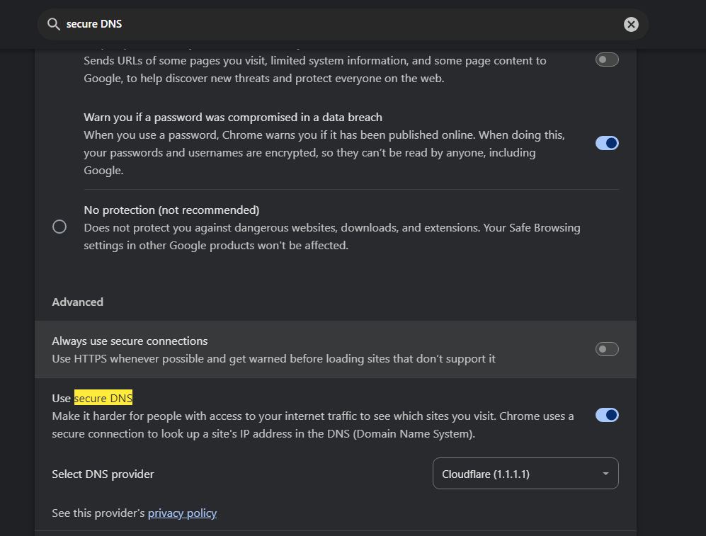 Chrome Security settings with Cloudflare 1.1.1.1 selected as secure DNS provider