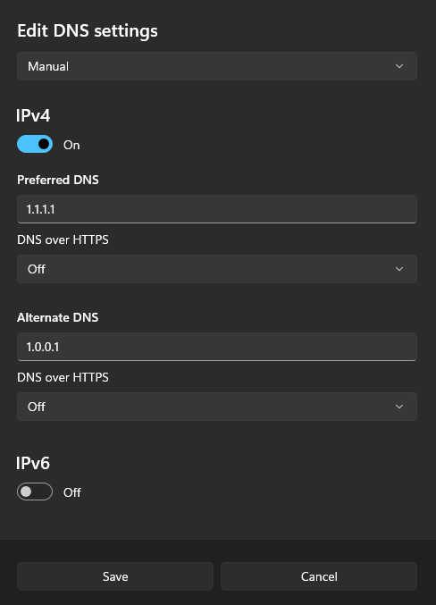 DNS server address fields filled with 1.1.1.1 and 1.0.0.1