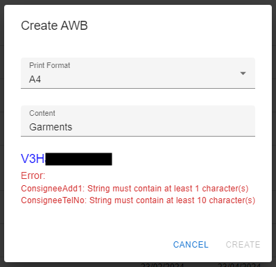 Create AWB screen