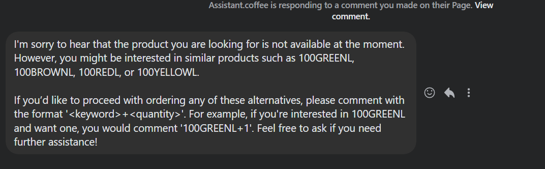 Screenshot showing an example AI reply guiding a customer to order via Messenger