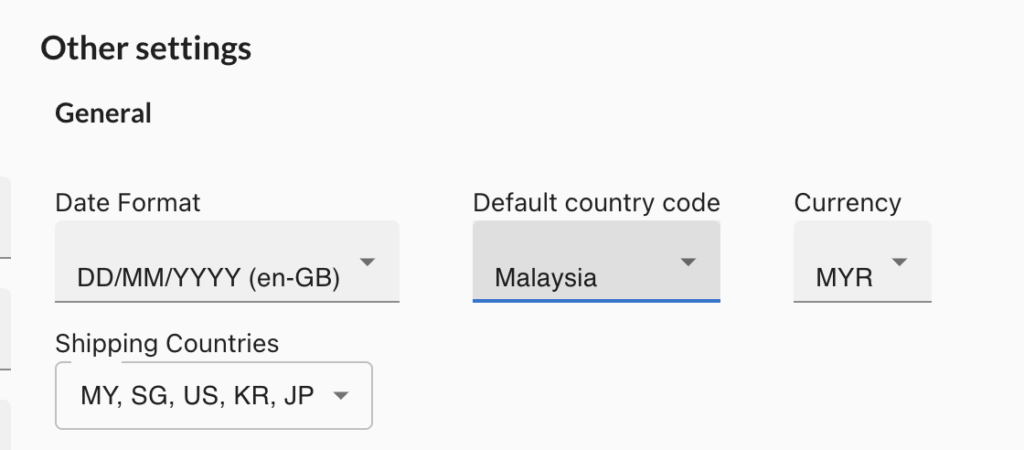 Shipping countries selection screen