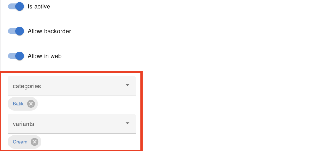 Assigning variants and category to one product