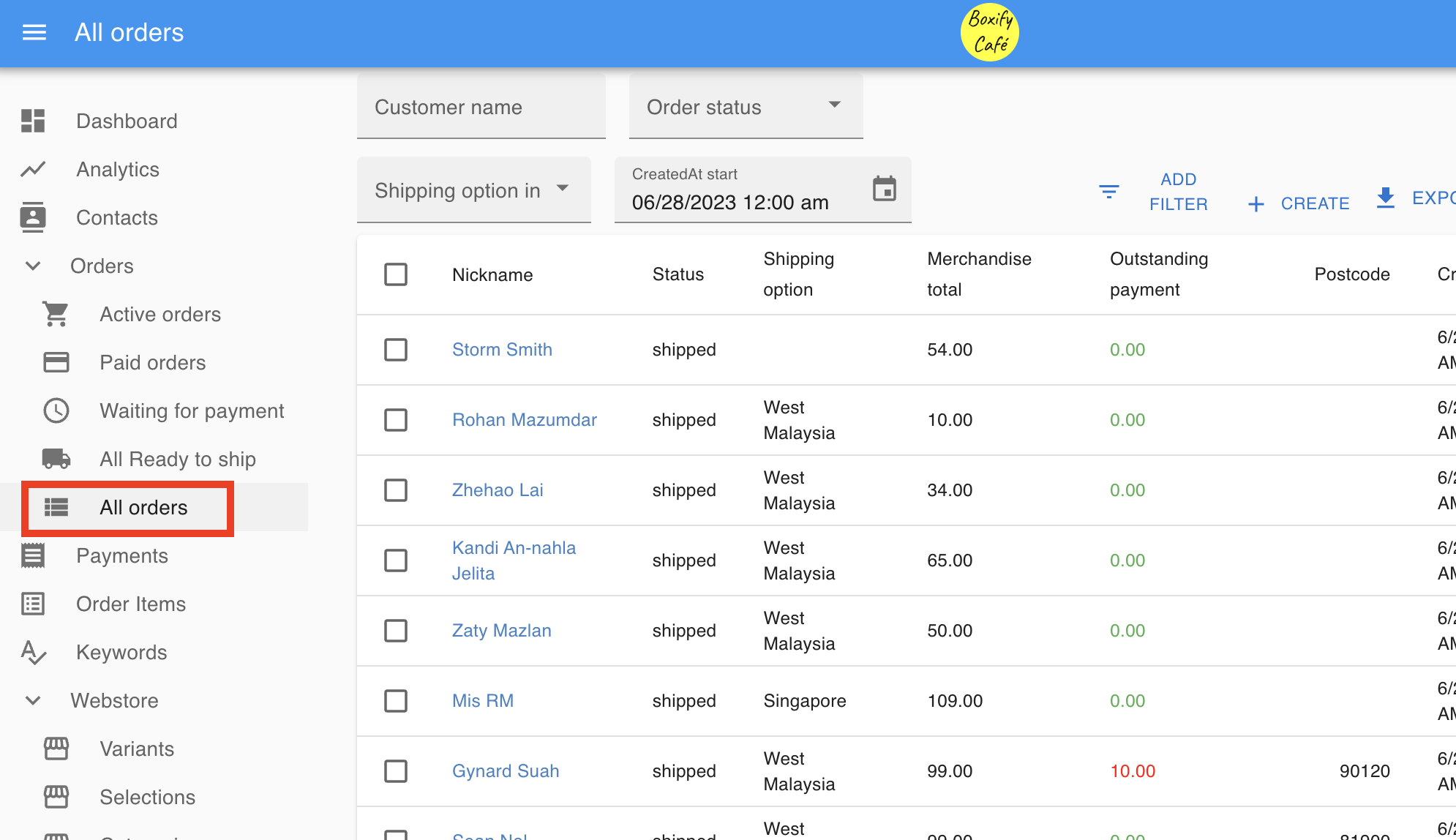 All Orders in the Boxify left menu