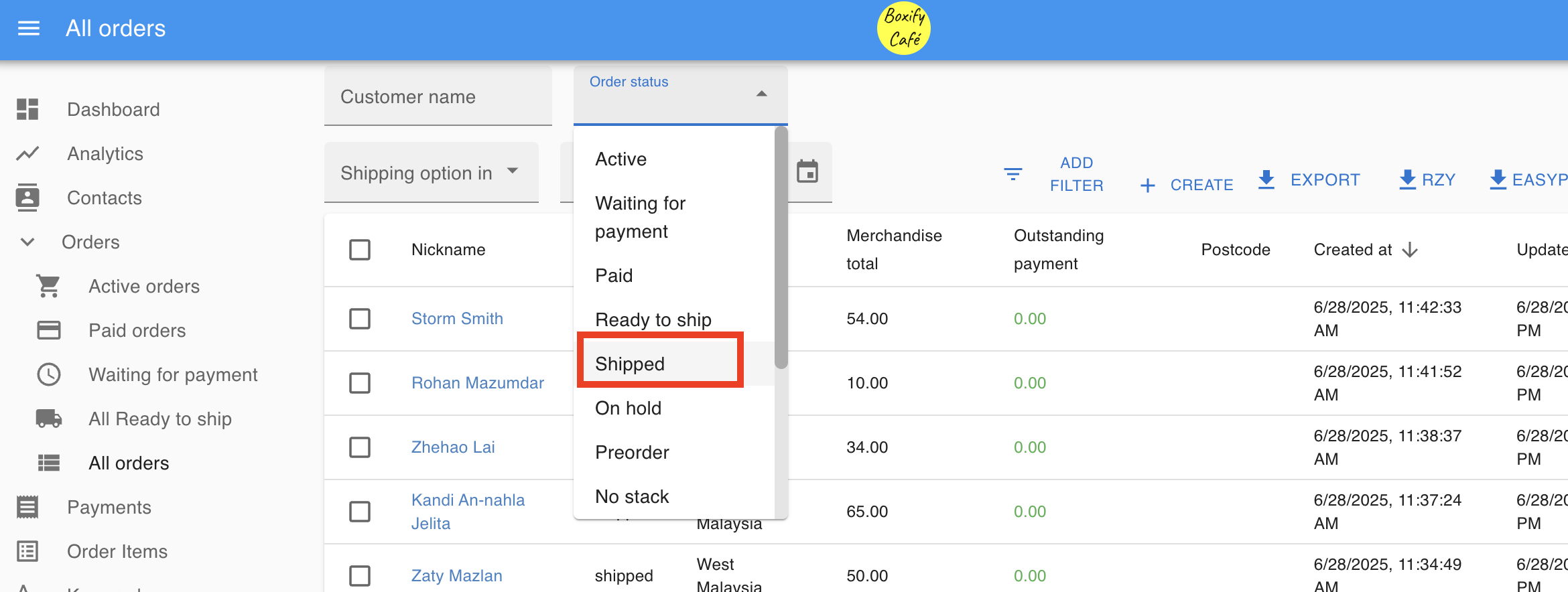 Filter orders by Shipped status