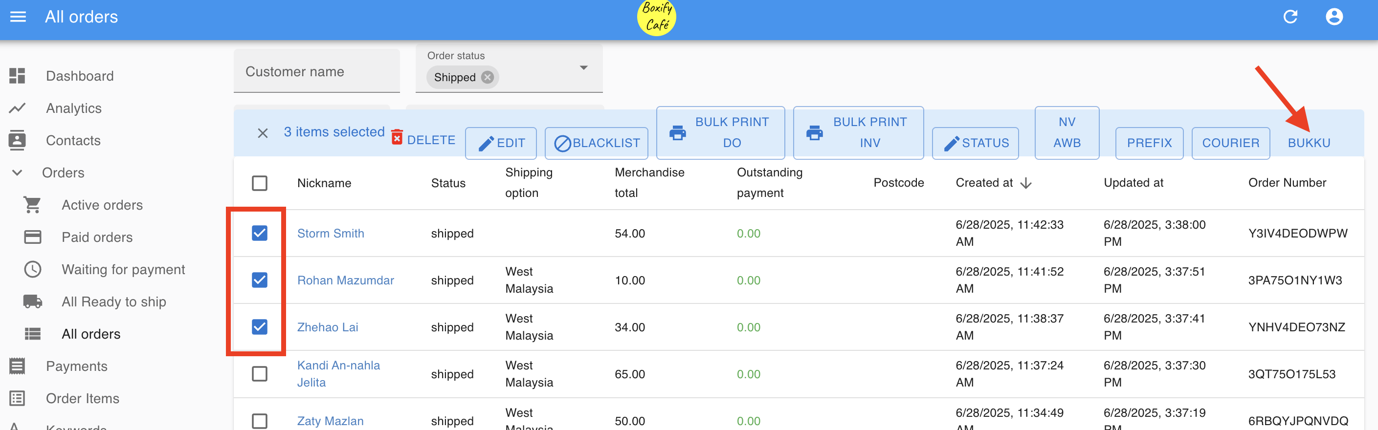 Selected orders with the Bukku button highlighted