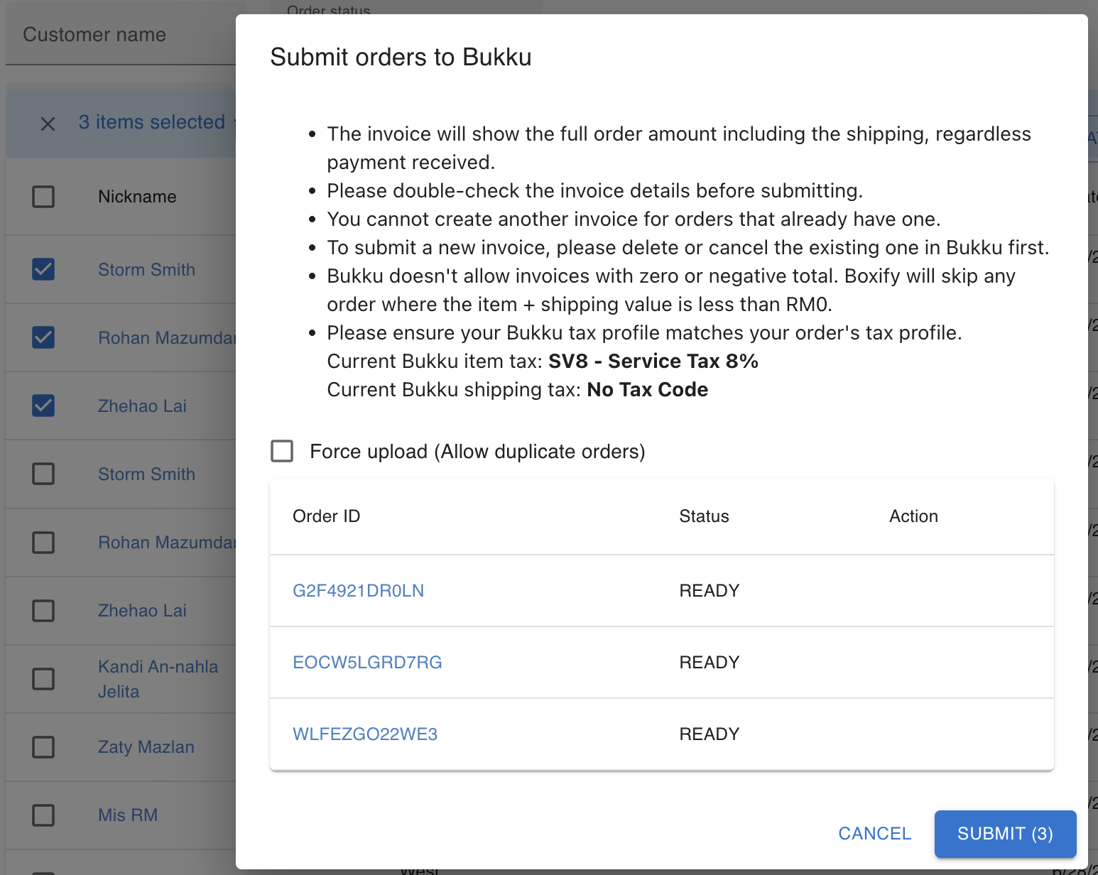 Invoice tax settings showing SV8 for items and no tax for shipping