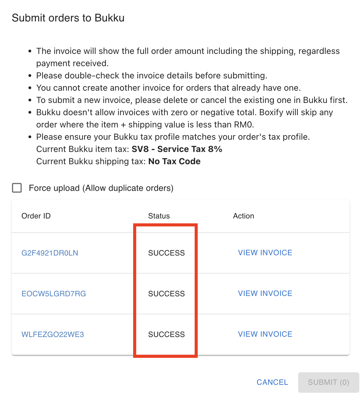 Submit button to confirm posting orders to Bukku