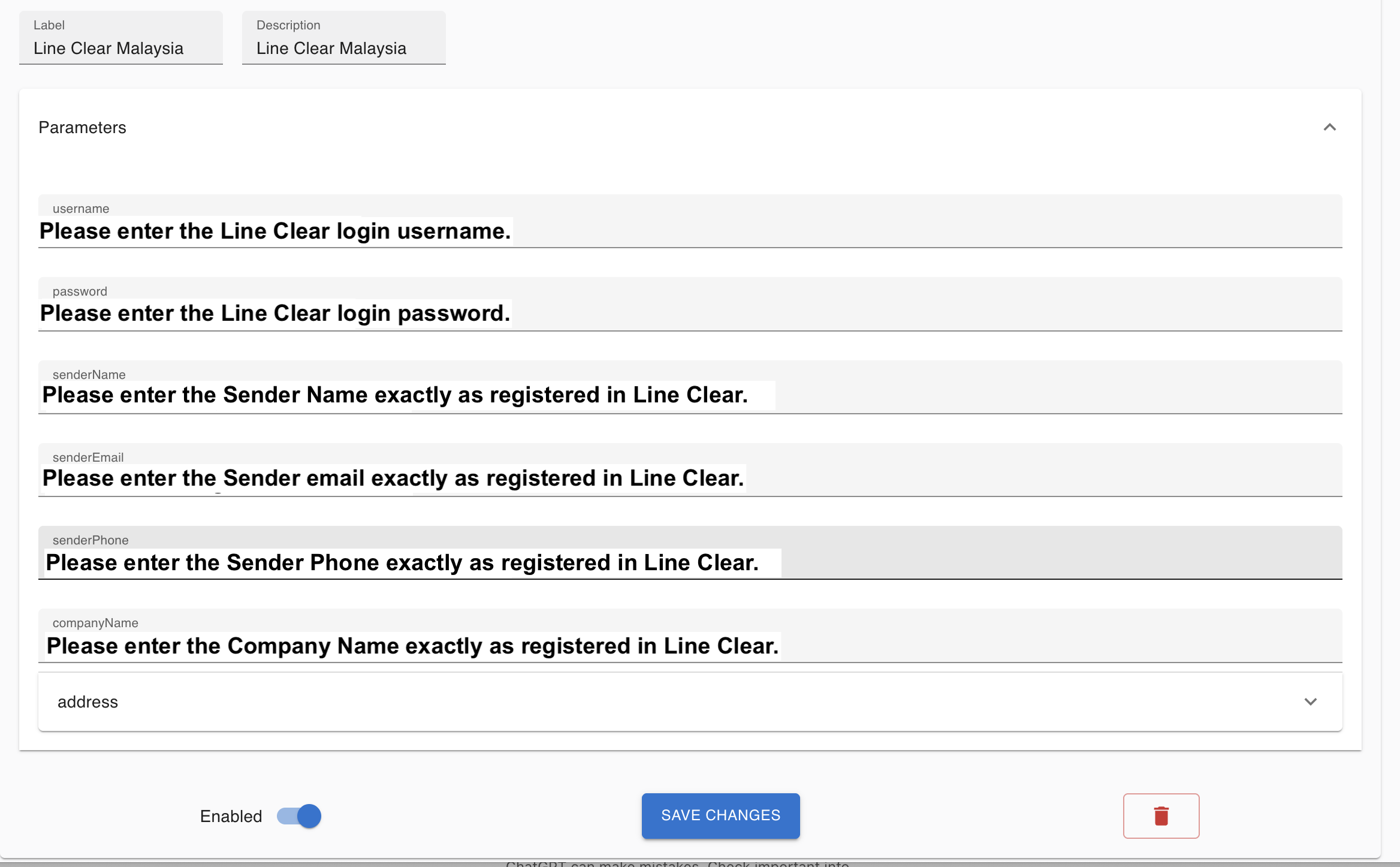 Line Clear required fields