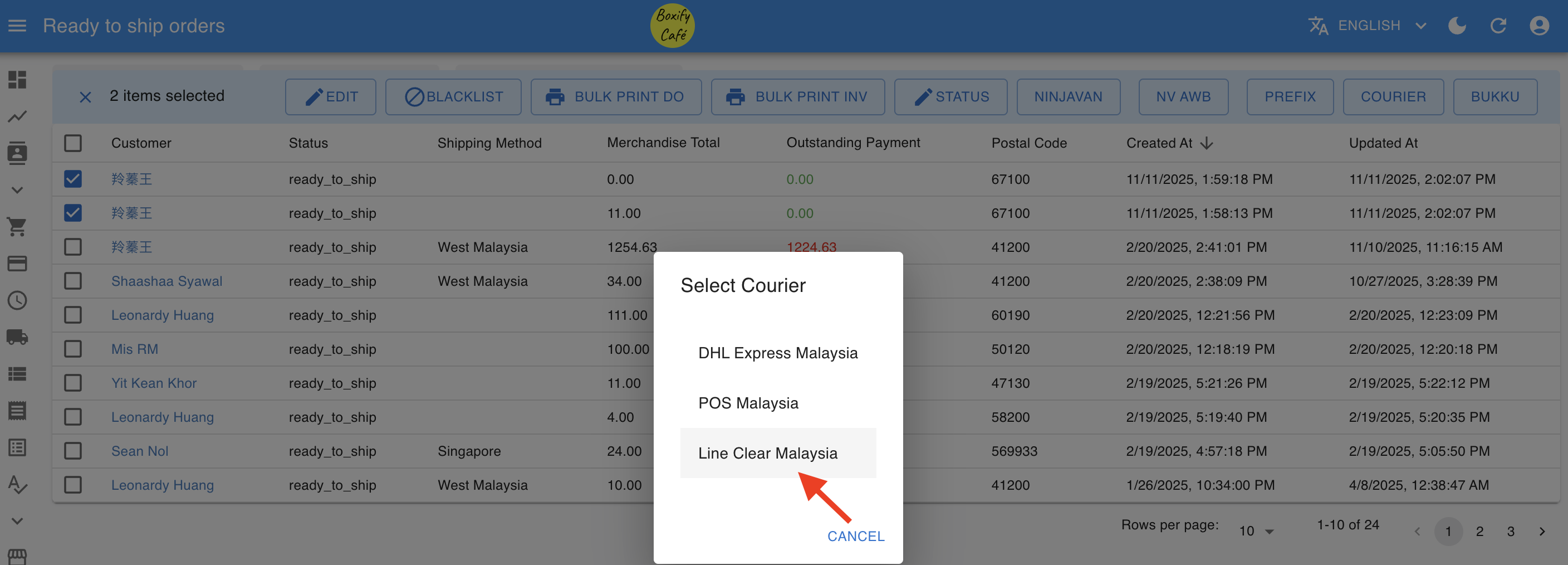 Selecting Line Clear from the Couriers menu