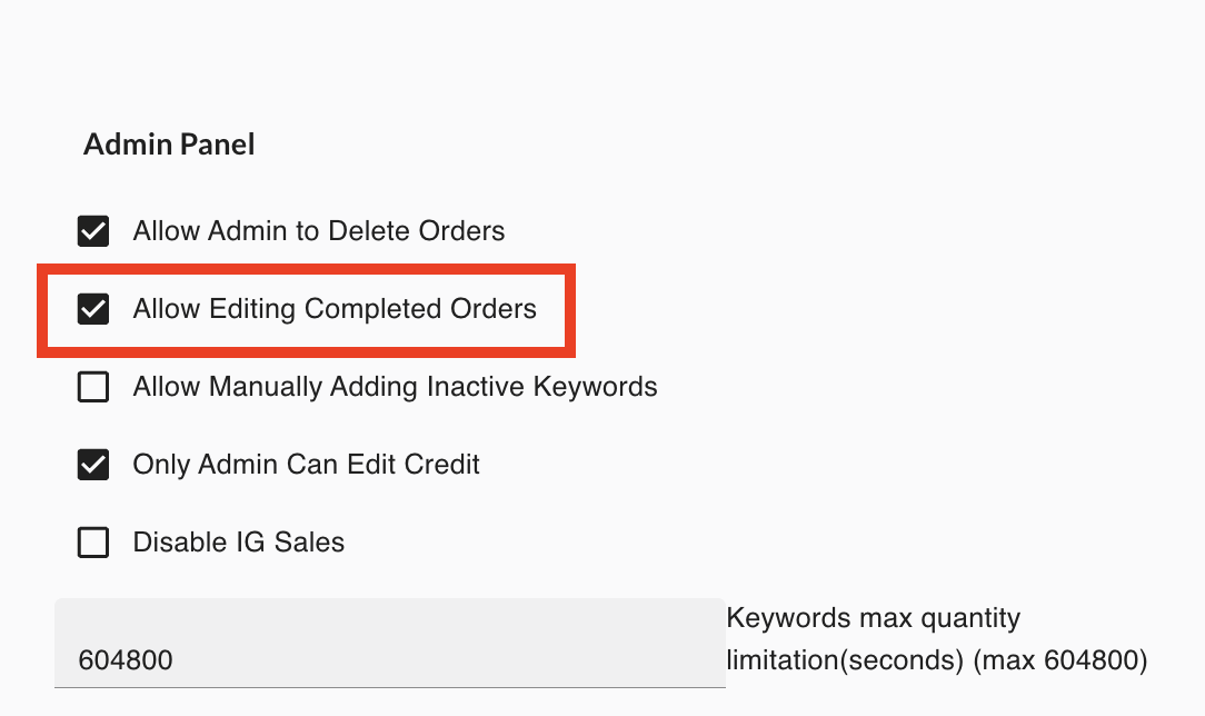 Allow Editing Completed Orders setting