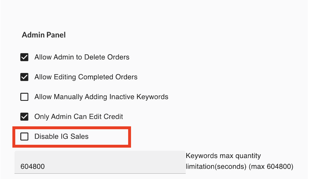Disable IG Sales setting