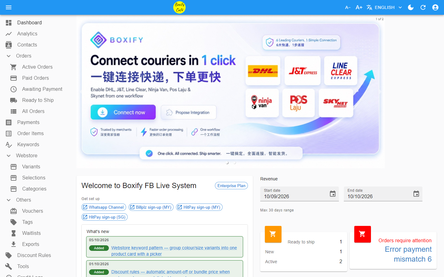 Admin panel dashboard with the left menu and the A− and A+ text size buttons