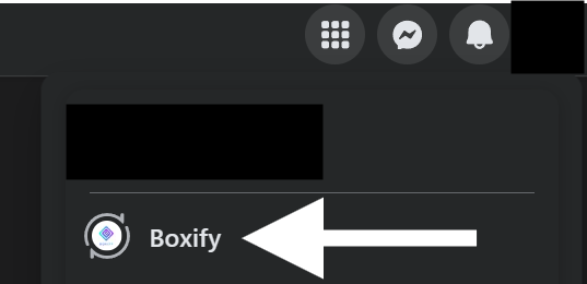 Facebook profile menu open at the top right, with the Page listed below the personal account and an arrow pointing to it