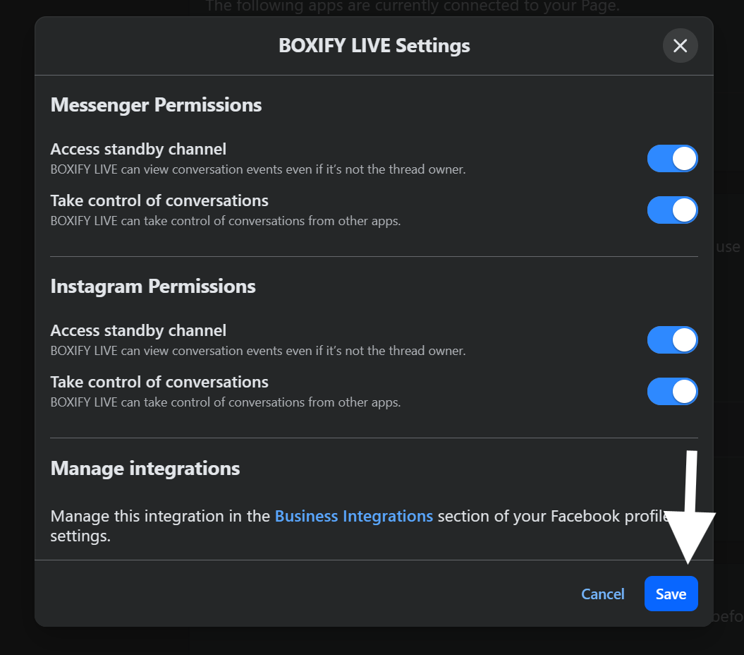 BOXIFY LIVE Settings dialog with all four Messenger and Instagram permission toggles turned on and the Save button highlighted