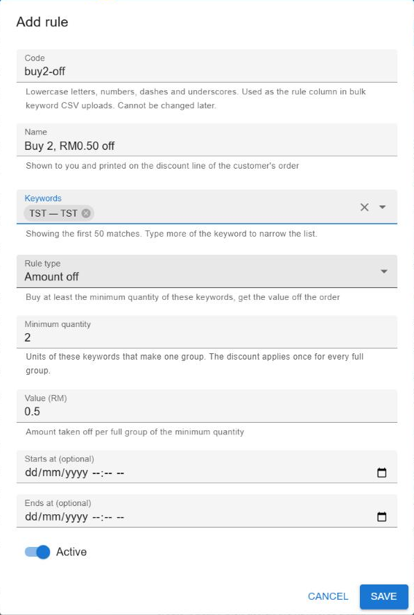 Add rule dialog filled in with code buy2-off, name "Buy 2, RM0.50 off", keyword TST, rule type Amount off, minimum quantity 2, value 0.5 and Active switched on