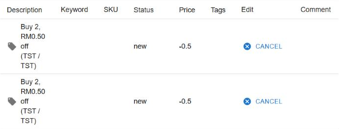 Order items table in admin with two discount lines "Buy 2, RM0.50 off (TST / TST)" at -0.5, each with a Cancel button