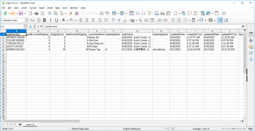 Spreadsheet open in LibreOffice Calc with data displayed correctly