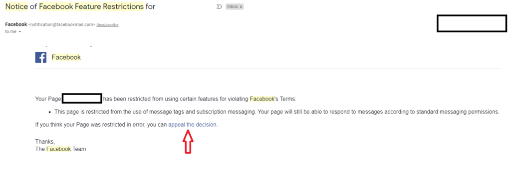 Email showing the appeal link