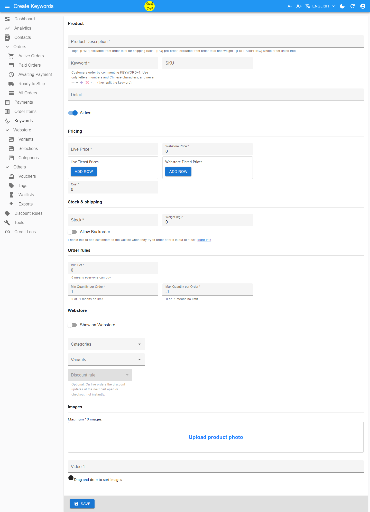 Create keyword form with the Product, Pricing, Stock & shipping, Order rules, Webstore and Images sections